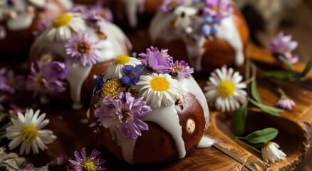 Wall Mural - chocolate egg buns with flowers and icing