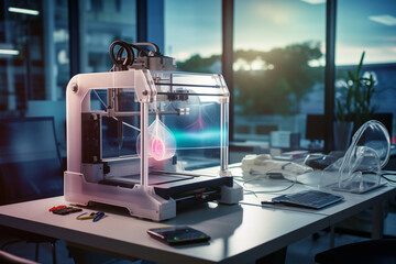 Poster - 3d printer use in medical field, 3d printer on desk in medical laboratory, modern 3d printing technology, biotechnology