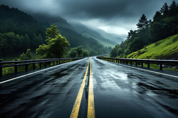 Wall Mural - An empty wet mountain highway perspective under stormy sky, travel background, low angle view