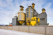 modern agro-processing plant for processing and silos for drying cleaning and storage of agricultural products, flour, cereals and grain in snow of winter field