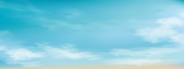 Wall Mural - sky blue with cloud background,vector horizon beach sunset with yellow and blue colour in spring,pan