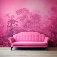 A Vintage Pink Sofa With a Landscape Wallpaper Background