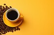 © ratatosk - Orange cup of delicious black coffee on bright yellow background. Minimal trendy concept. Flat lay, top view with copy space