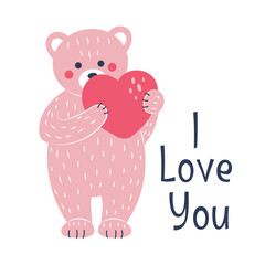 Wall Mural - Pink teddy bear and heart. Postcard for Valentine's Day. Flat style.