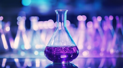 Aufkleber - Close-up of glass flasks with purple liquid contents in a modern scientific medical laboratory. New drug development, research, pharmaceuticals, biotechnology, microbes, biology, chemistry concepts.