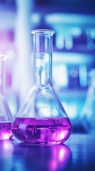 Aufkleber - Close-up of glass flasks with a purple chemical in a modern scientific medical laboratory. New drug development, research, pharmaceuticals, biotechnology, microbes, biology, chemistry concepts.