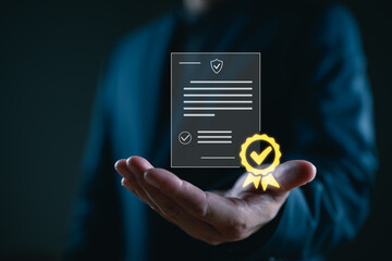 Poster - Quality management with Quality Assurance or QA and Quality Control or QC and improvement. Standardization and certification concept. Compliance to regulations and standards. Concept with manager.