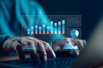 Leinwandbilder - Analyst working with computer in Business Analytics and Data Management System to make report with KPI and metrics connected to database. Corporate strategy for finance, operations, sales, marketing.