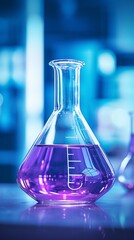 Aufkleber - Close-up of glass flasks with a purple chemical in a modern scientific medical laboratory. New drug development, research, pharmaceuticals, biotechnology, microbes, biology, chemistry concepts.