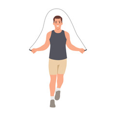A man skipping with a jump rope. A man wearing a sleeveless t-shirt and tight shorts. Flat vector illustration isolated on white background