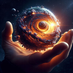 Universe held in the hand by people. Universe creation concept.