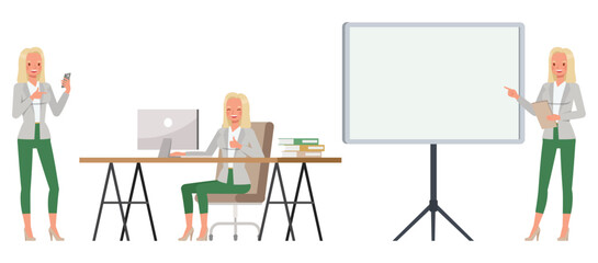 Wall Mural - Set of working woman wear white suit color character vector design. Presentation in various action. Businesswoman working in office planning, thinking and economic analysis.