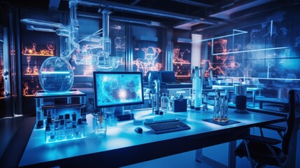 Aufkleber - A modern medical research laboratory with high-tech equipment: computer, microscope, glassware with biochemical preparations on table. Science, biotechnology, pharmaceuticals, microbiology concepts.