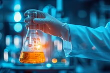 Close Up Hand Of Scientist Holding Flask With Lab Glassware In Chemical Laboratory Background, Science Laboratory Research And Development Concept