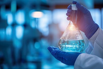 Close up hand of scientist holding flask with lab glassware in chemical laboratory background, science laboratory research and development concept