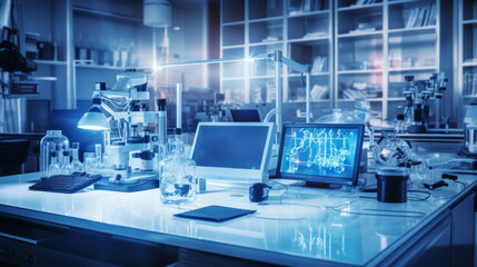 Aufkleber - A modern medical research laboratory with high-tech equipment: computer, microscope, glassware with biochemical preparations on table. Science, biotechnology, pharmaceuticals, microbiology concepts.