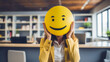 Businesswoman With yellow smiling emoji or smiley instead her head.