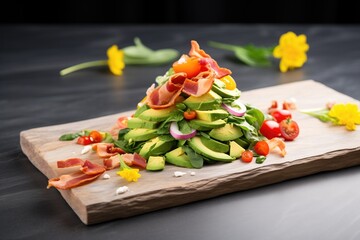 Wall Mural - spinach bacon salad with avocado slices arranged on a slate board