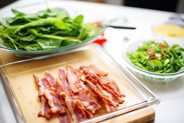 Wall Mural - fresh spinach leaves and bacon laid out before mixing for a salad