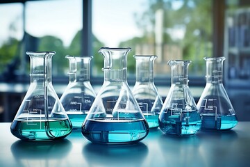 flask test tubes with chemical laboratory tests stand on a glass table