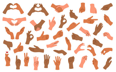 Set of hands of different skin tone with gestures isolated on white background.	