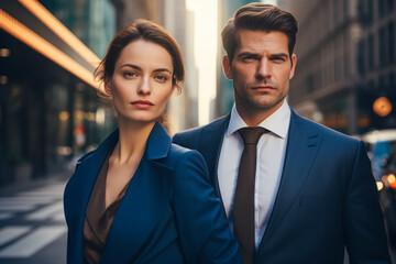 Business partners in an urban setting on their way to office . Businessman and businesswoman outside