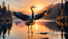 Photorealistic Of Crane Bird Flying Over Beautiful Lake At Sunrise, Generative AI