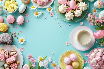 Wall Mural - Easter party concept. Top view Sweet easter party background Spring holiday concept