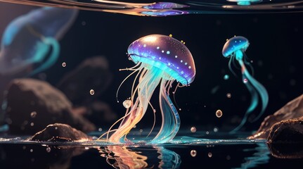 rare jellyfish shining in the sea. the beauty of the ocean. luminous jellyfish floating in the mysterious sea. Breathtaking underwater scene.