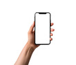 © littlepiccie - Hand with blank screen mobile phone mockup. Smartphone isolated on transparent or white background, PNG. Network technology, business, social media