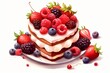 © Kate - delicious heart-shaped cake with berries and cream on a white background . Dessert for St Valentine's Day