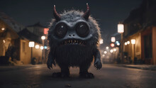 Very Cute, Realistic Grey Monster Whit Many Eyes Standing In Background Complete Black, Unsettling, Wide Angle, Night Time, Shot On Leica