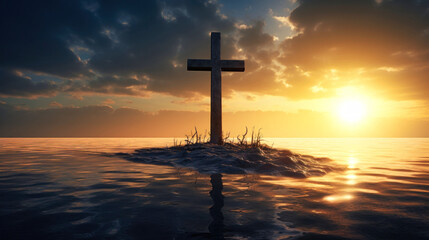 Wall Mural - Light and ray of light shining through the sky and clouds on the hill of Golgotha. Holy cross background symbolizing the death and resurrection of Jesus. Easter.