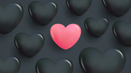 Poster - Romantic background with 3d black and red glossy hearts for wedding invitations or Valentine's Day holiday greetings graphic designs. Vector Illustration.