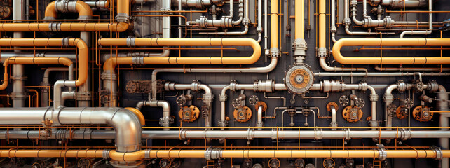 Wall Mural - Industrial concept. Pipeline in a factory - valves, tubes, pressure gauges, thermometers. View from above. pipes, flow meter, water pumps and valves of the heating and gas supply system.