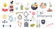 Metabolism objects with digestive and gastric elements tiny person collection set, transparent background. Items with healthy food, physical training sports.