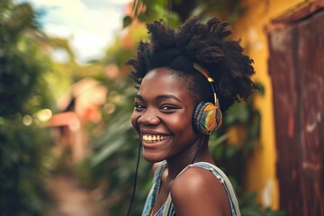 Young woman enjoying music on headphones, demonstrating modern technology and stylish urban lifestyle.