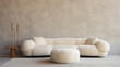 © pierre - Elegant Comfort: Minimalist Living Room with Sheepskin Poufs and Curved Sofa