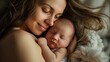 Close up of happy young me mother hugging little newborn baby, loving smiling mother enjoying tender family moment, motherhood, childcare concept