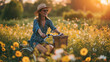 A happy smiling woman in a dress rides a bicycle along a country road in a flowering meadow. Springtime for active leisure