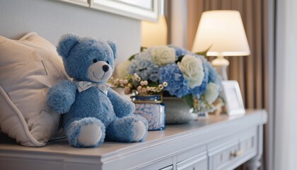 Wall Mural - Elegant bedroom decor with a blue teddy bear as a delightful accent on a chic dresser