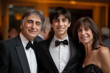 Happy Teenage Boy Wearing Suit Takes Photo With Parents At Bar Mitzvah Party