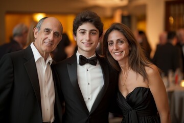 Happy teenage boy wearing suit takes photo with parents at bar mitzvah party