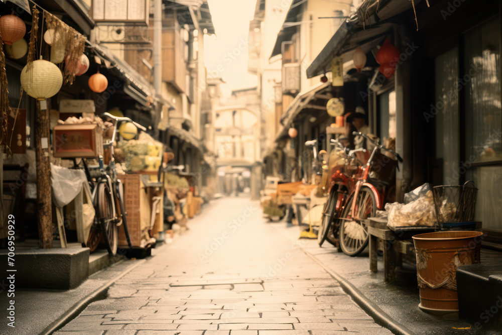 昭和レトロな商店街の風景。古い写真、架空の昭和、A photo of a