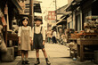 古いアルバムにあるような子供の写真、架空の昭和、Nostalgic old photos from the Showa era in Japan. A 6-year-old boy, a girl, and a downtown scene. A fictional town.Generative AI