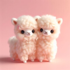 Wall Mural - Couple of cute fluffy white baby alpaca toys on a pastel pink background. Saint Valentine's Day love concept. Wide screen wallpaper. Web banner with copy space for design.