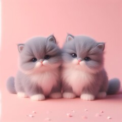 Wall Mural - Couple of cute fluffy gray baby kitten toys on a pastel pink background. Saint Valentine's Day love concept. Wide screen wallpaper. Web banner with copy space for design.