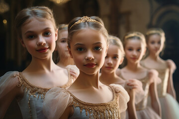 Group of cute girls ballerinas the stage school kindergarten Ballet Generative AI