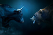 A bull versus a bear as business financial stock market concept blue tone background.