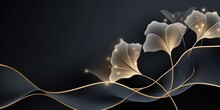 Abstract Luxury Art Background With Ginkgo Leaves In Gold Line Art Style. Botanical Banner For Decoration Design